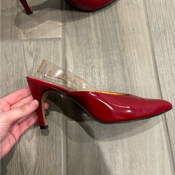 Vintage Y2K red pointed toe heels genuine leather with clear plastic slingback - Picture 7 of 7